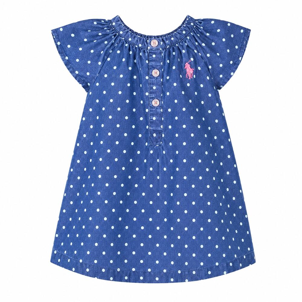 U.S. POLO Assn Baby Girl Dress 24M Blue Polka Dot Denim Pink Pony Shirt EUC